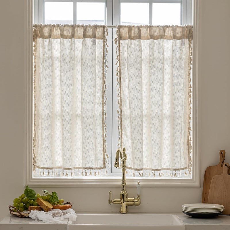 VOILYBIRD Kitchen Window Curtains Over Sink 30 Inch Length Boho Tassel Tiers Cafe Curtains Zigzag Design, 2 Panels, Beige - Image 1